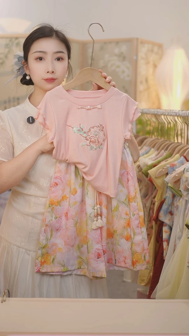 【蔷薇】现货 SC399女童夏季新中式牡丹刺绣大花国风套装