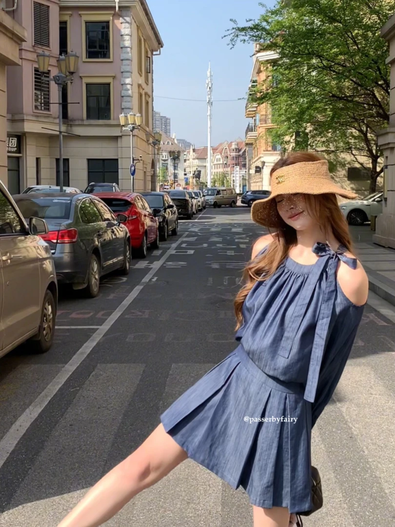 路人仙子自制【月落星河】领带衬衣+高腰百褶裙两件套女装xzc282