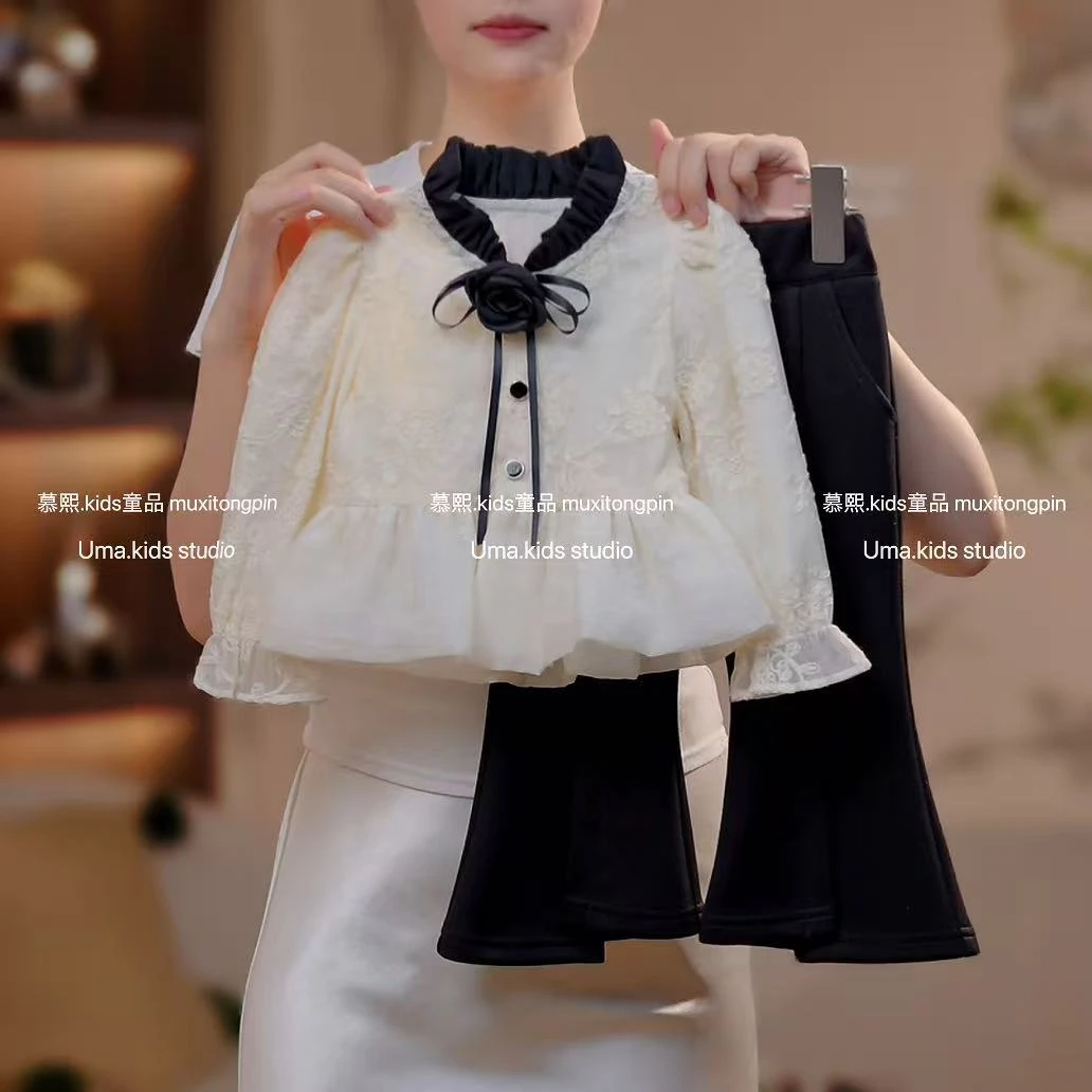 秋季新款2025新款时尚气质百搭山茶花气质上衣+喇叭裤两件套装