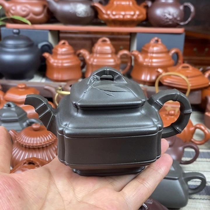 茶壶紫砂四方竹鼓200Cc原矿古天青紫砂特价