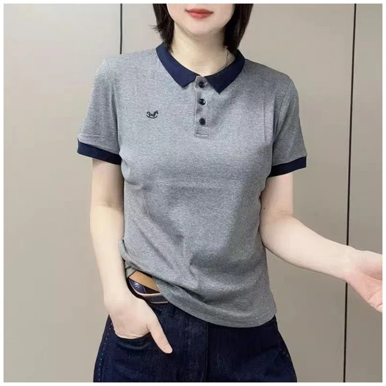 2025夏季新款刺绣撞色小翻领半袖时尚洋气显瘦百搭上衣短袖POLO衫