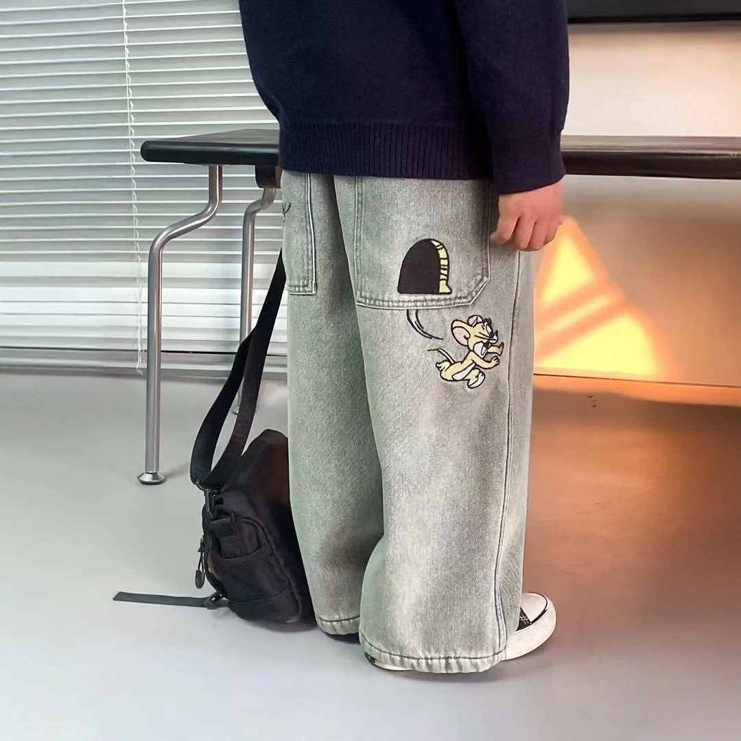 男童加绒牛仔裤2024童装新款儿童一体绒刺绣阔腿裤百搭裤子潮宽松