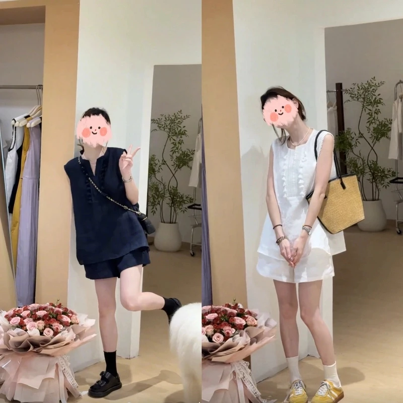 【麻絮】2025气质韩系显瘦宽松时尚百搭设计感无袖两件套气质D0952