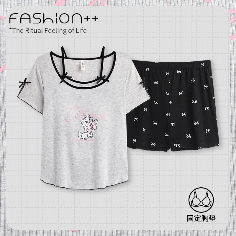 春夏洋气简约短袖短裤带胸垫两件套莫代尔睡衣女套装大码家居服