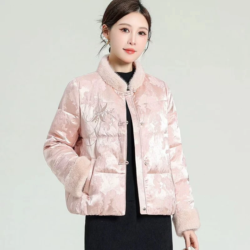 (祥盛)803款新中式国风提花毛领短款时尚羽绒服白鹅绒复古百搭