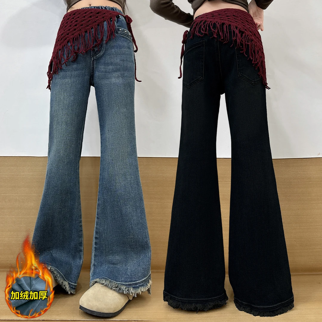 女童加绒牛仔裤子冬季新款高腰儿童春秋中大童装加厚休闲微喇叭裤