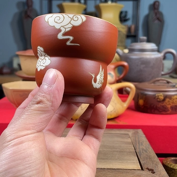 茶杯紫砂手绘描金杯微瑕