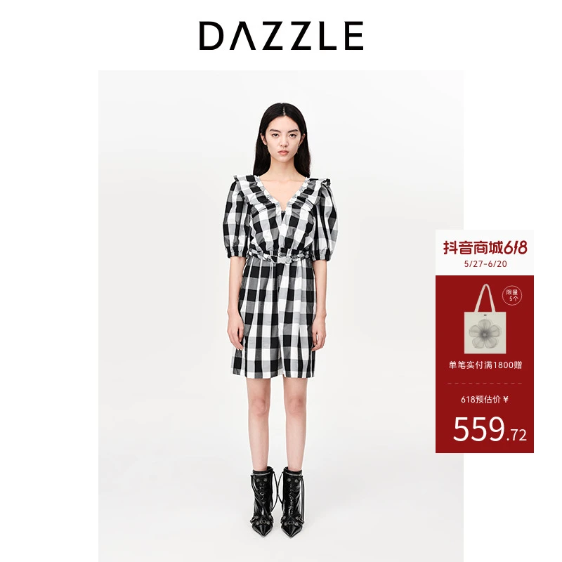 DAZZLE地素格纹短袖连衣裙新款法式复古格子短裙女2H2O435
