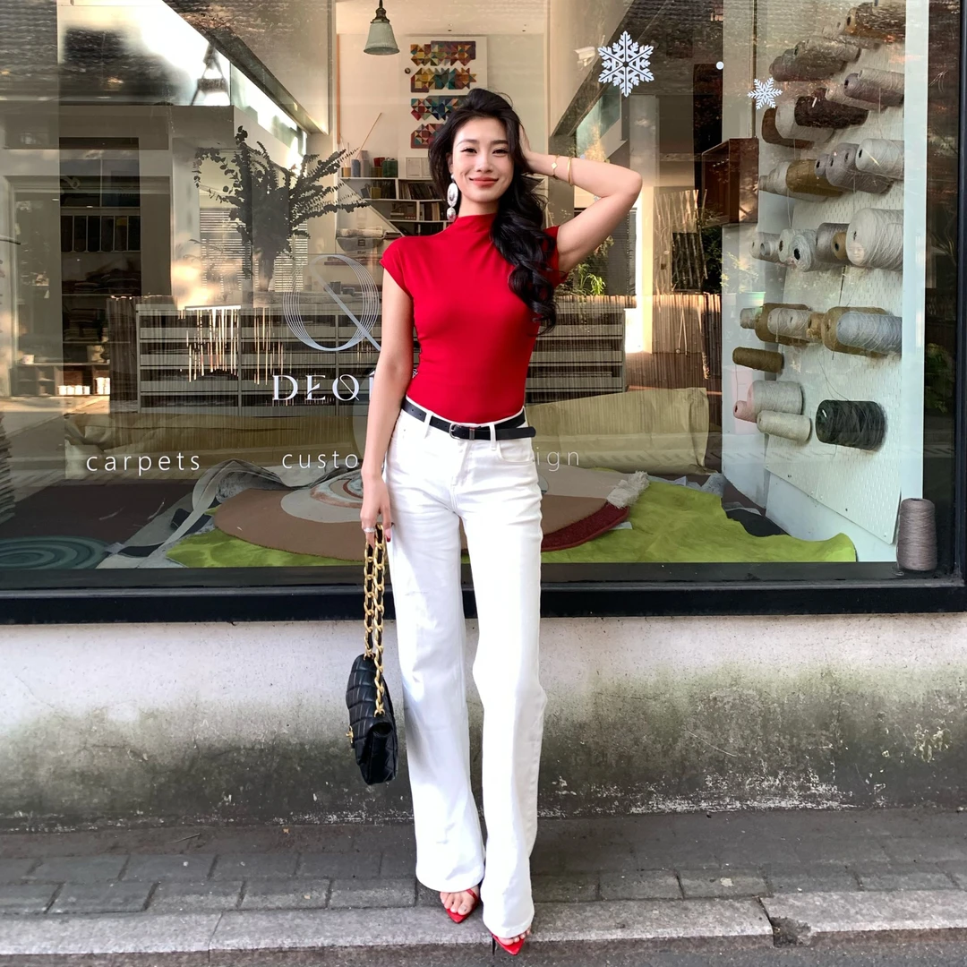 【美式复古】高腰超弹喇叭女四季百搭修身显瘦白色牛仔裤-zz009