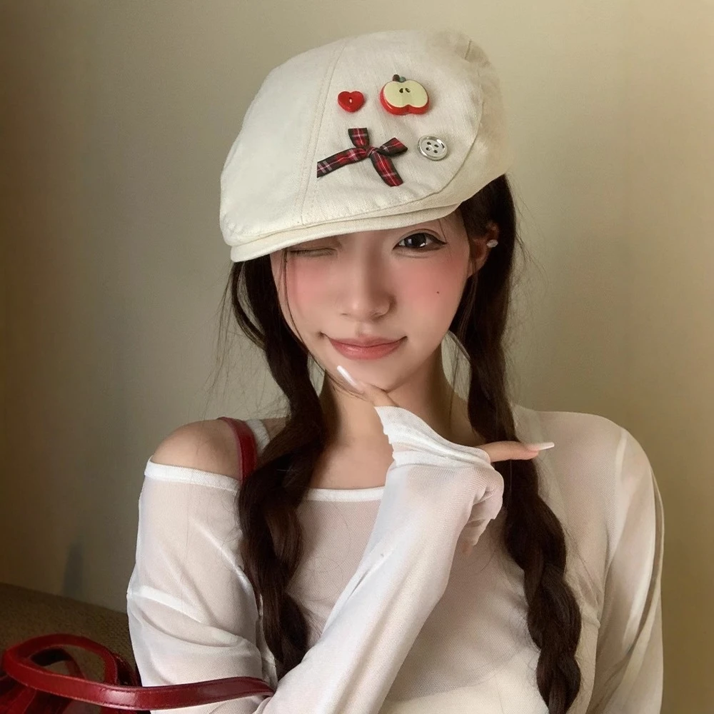 可爱蝴蝶结苹果白色前进帽女复古大头围鸭舌贝雷帽百搭显脸小帽子