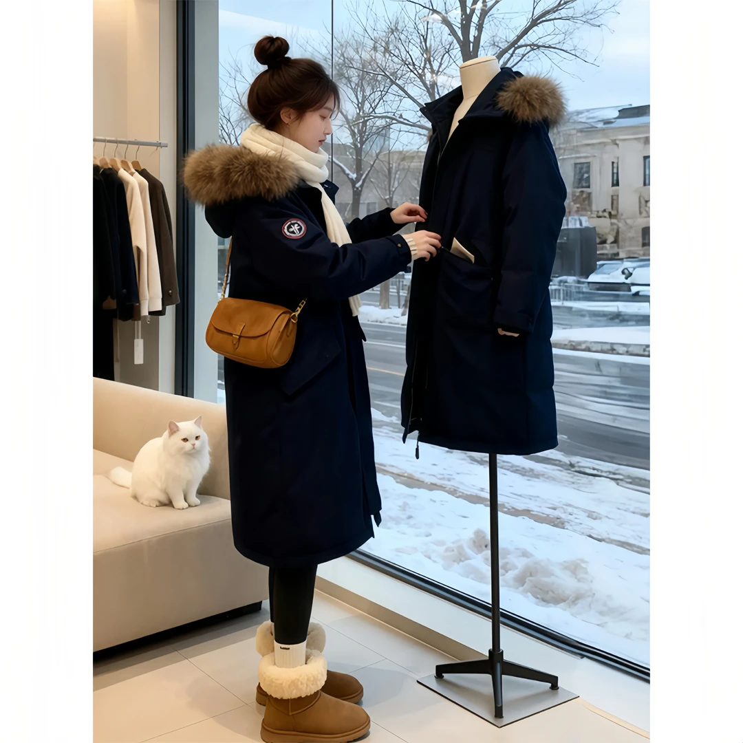 【旧港潮汐】2025冬季新款时尚连帽毛领中长款棉服女高级感显瘦棉衣