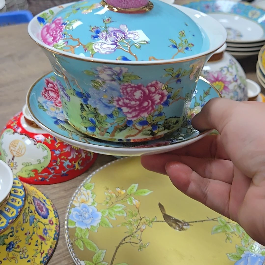 甜***a瓷片微瑕珐琅彩牡丹盖碗一个7寸2个粉色66666