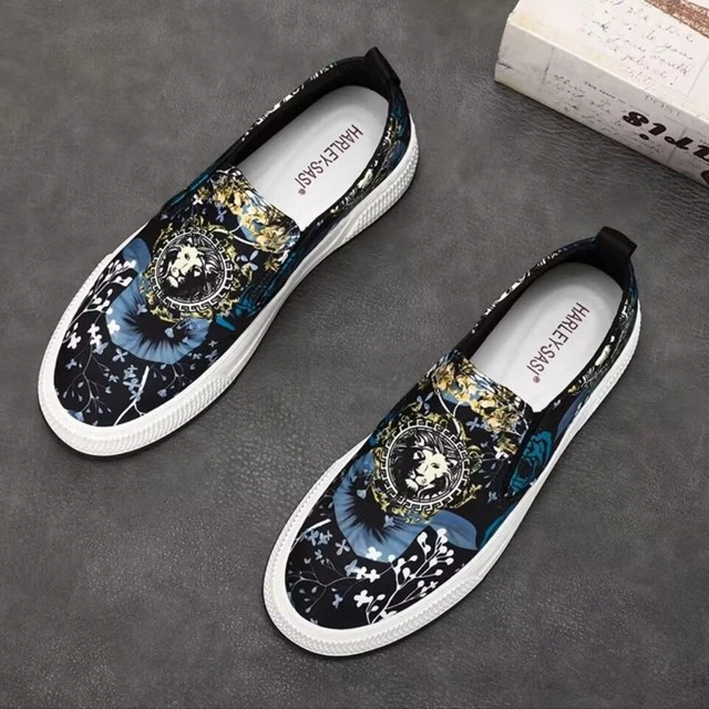 帆布鞋男一脚蹬懒人潮鞋板鞋透气套脚豆豆鞋子休闲布鞋印花乐福鞋