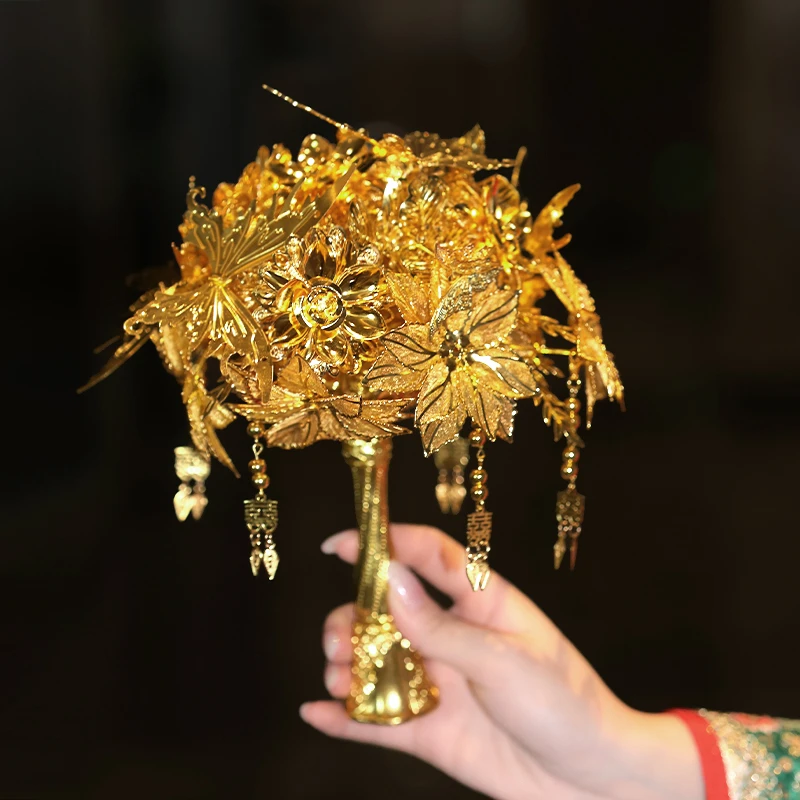 合金婚庆饰品 中式婚礼金色手捧花新娘蝴蝶花朵秀禾服配饰MT0187