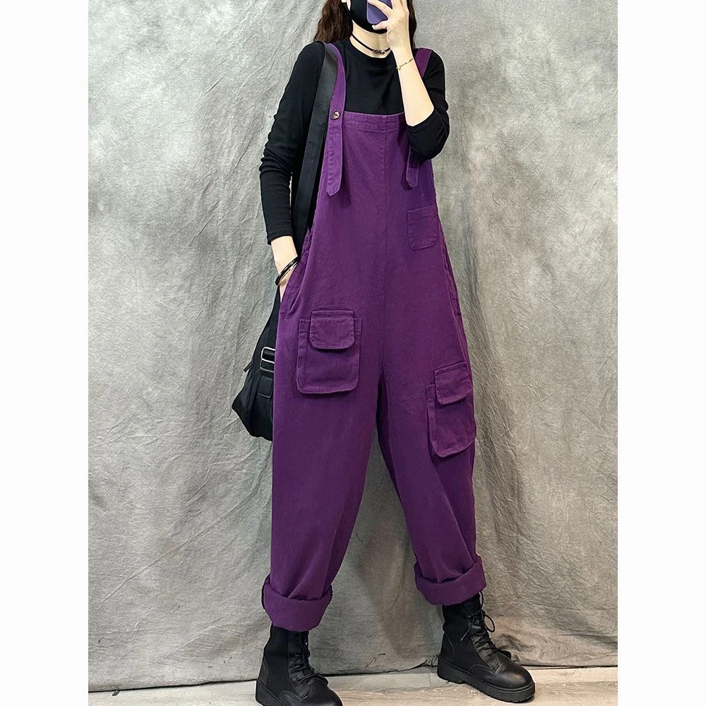 薄款复古工装背带裤女春夏韩版新款宽松大口袋纯色直筒休闲吊带裤