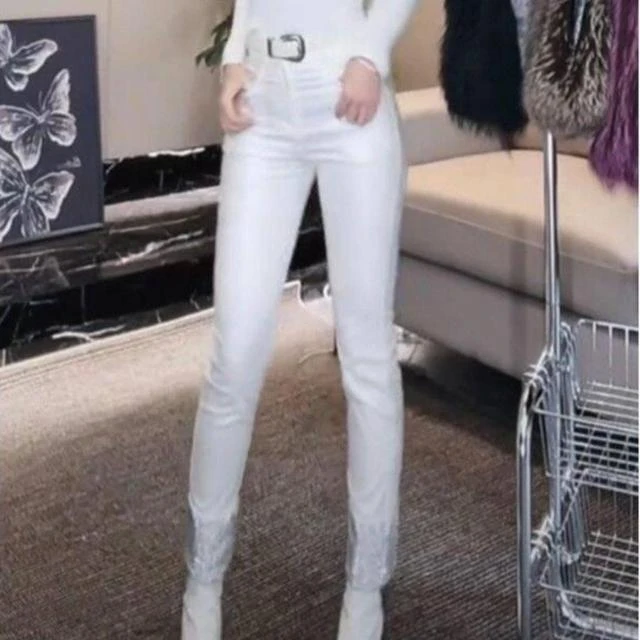 秋冬新款加绒保暖九分裤拼接PU皮裤女外穿高腰紧身铅笔小脚打底裤