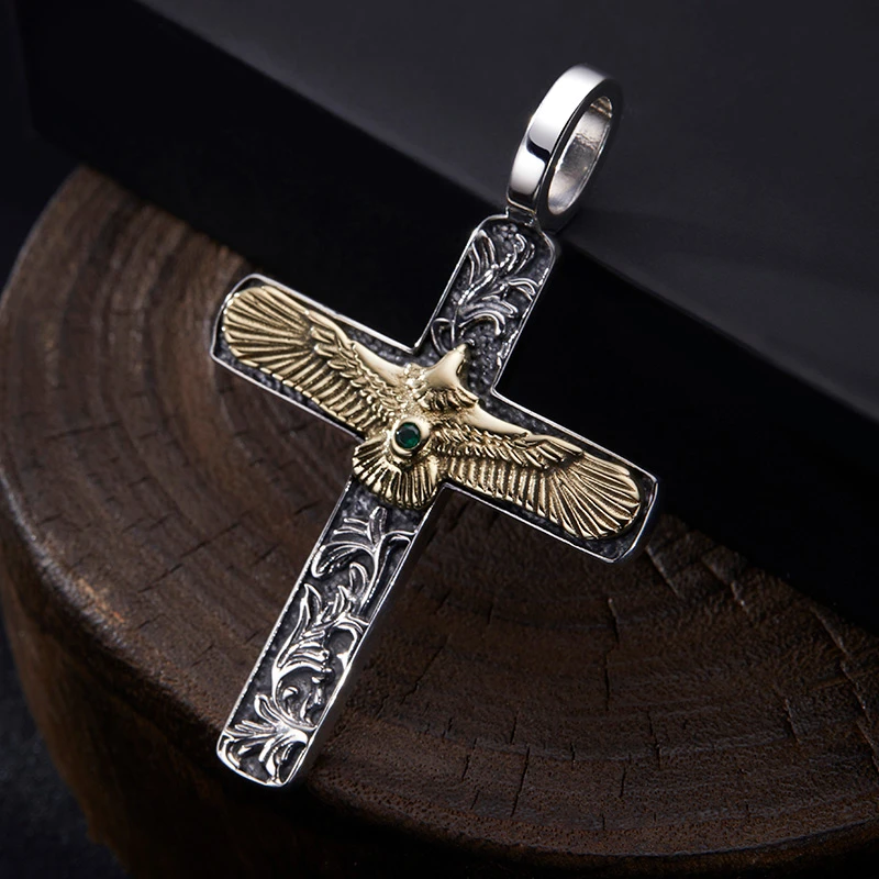 吊坠925银 十字架项链男朋克风飞鹰男士手工时尚复古欧美个性挂坠