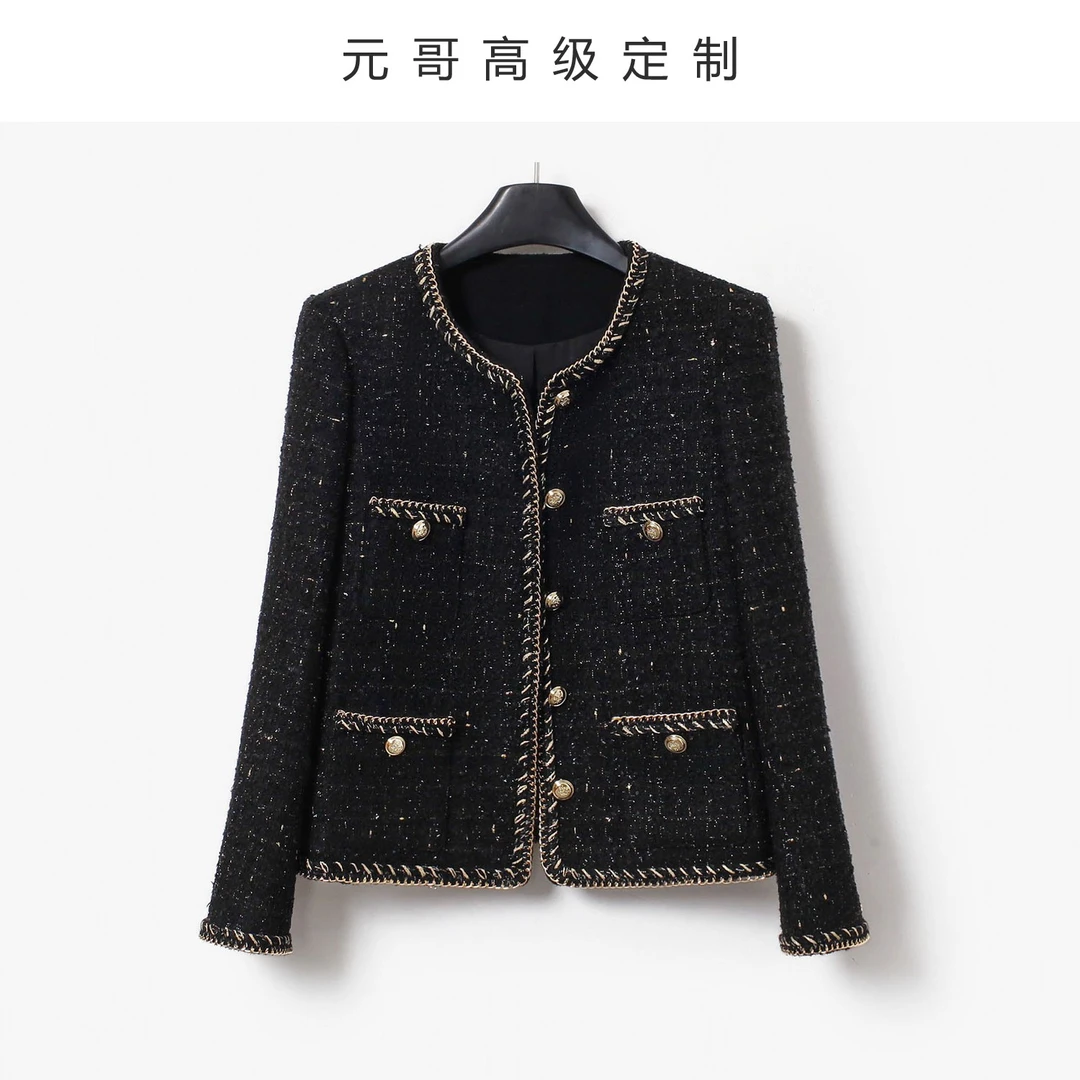 YTWEED元哥高定 重工链条设计黑色粗花呢小香风外套精致感上衣