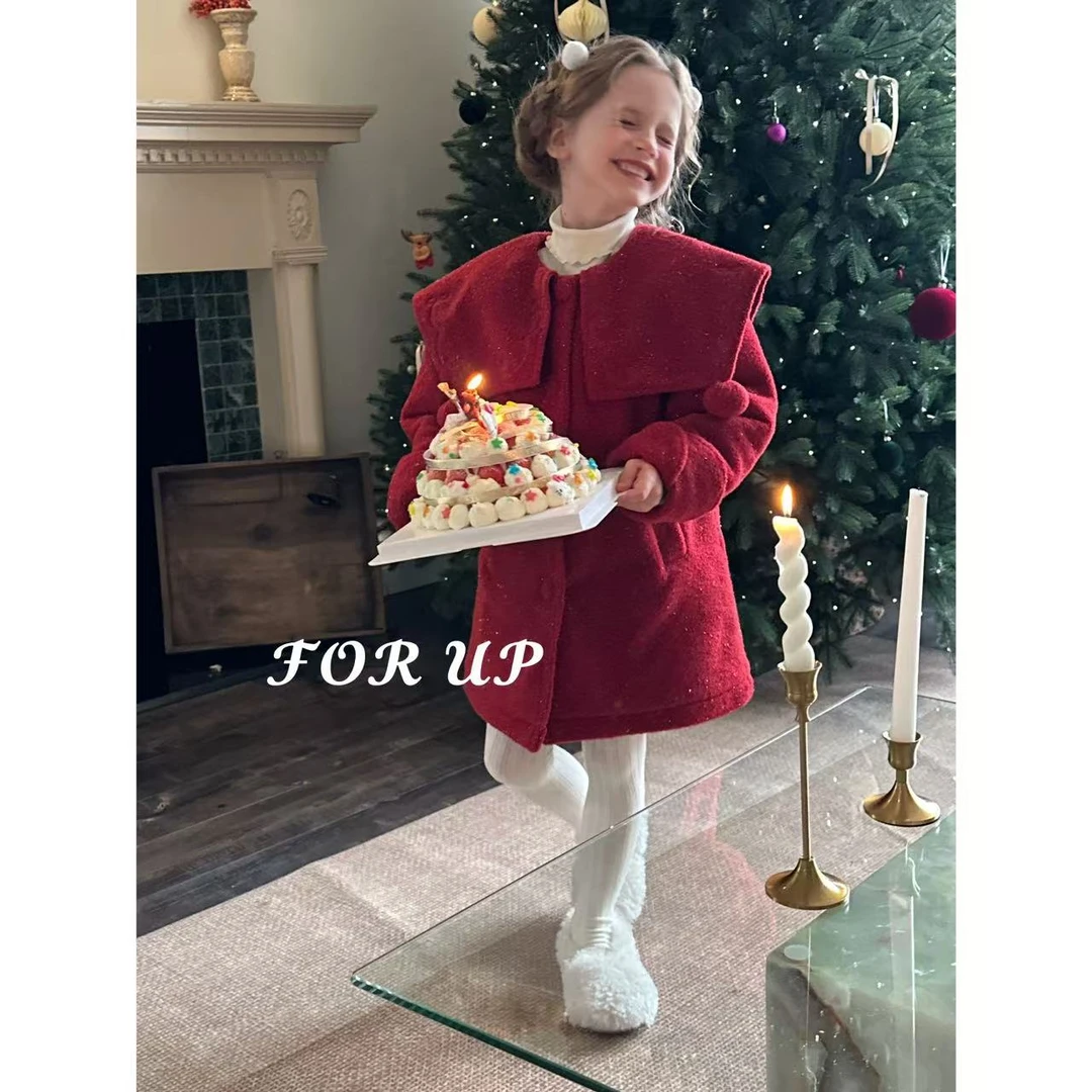 [FOR UP]法式大翻领刺绣球球毛绒大衣244-FU-69881波艮红