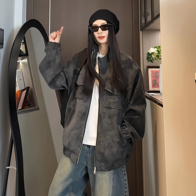 秋装新款雾面皮衣皮夹克男女同款立领扎染宽松大码夹克上衣外套