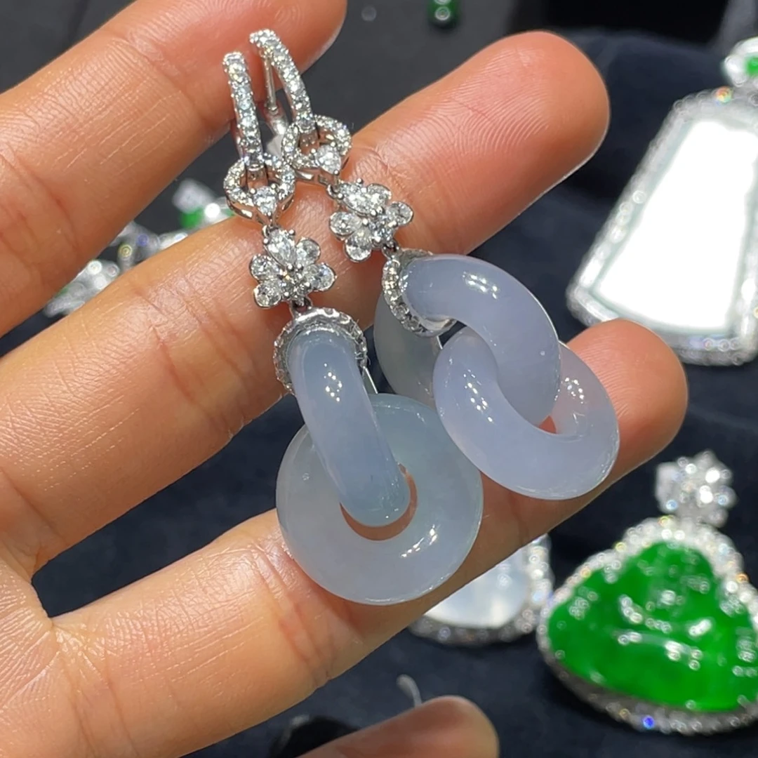 翡翠耳环18K金镶嵌紫罗兰环环相扣耳环