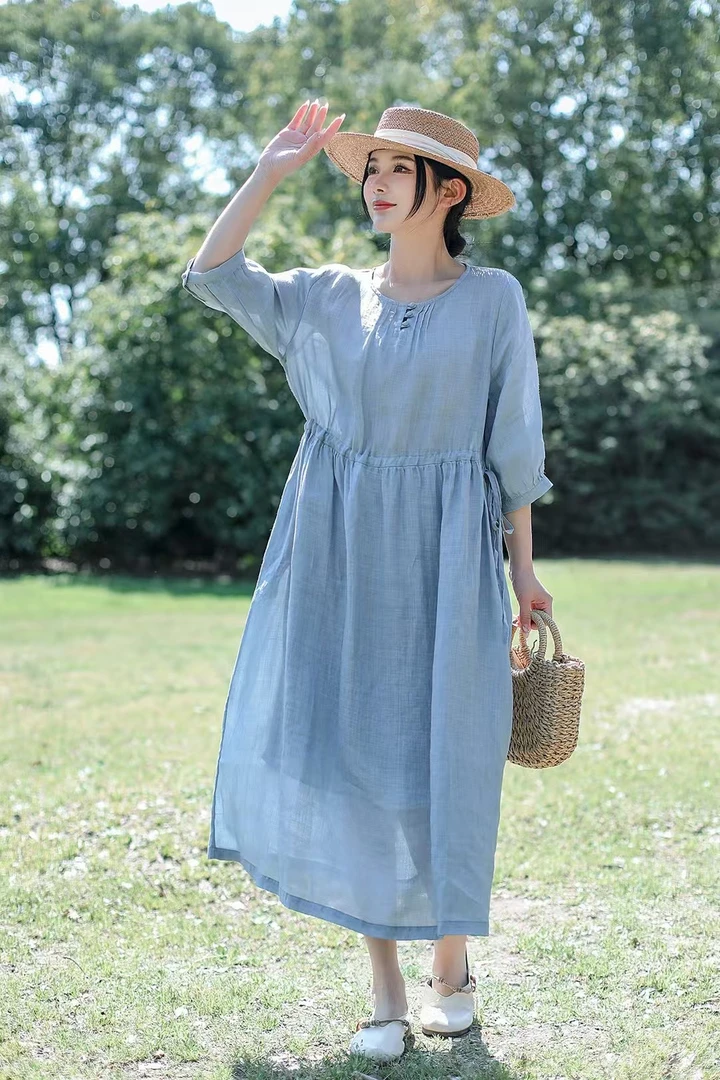 【飞云织夏】西缺夏季斜纹苎麻纯色双层连衣裙圆领三粒扣文艺多巴胺