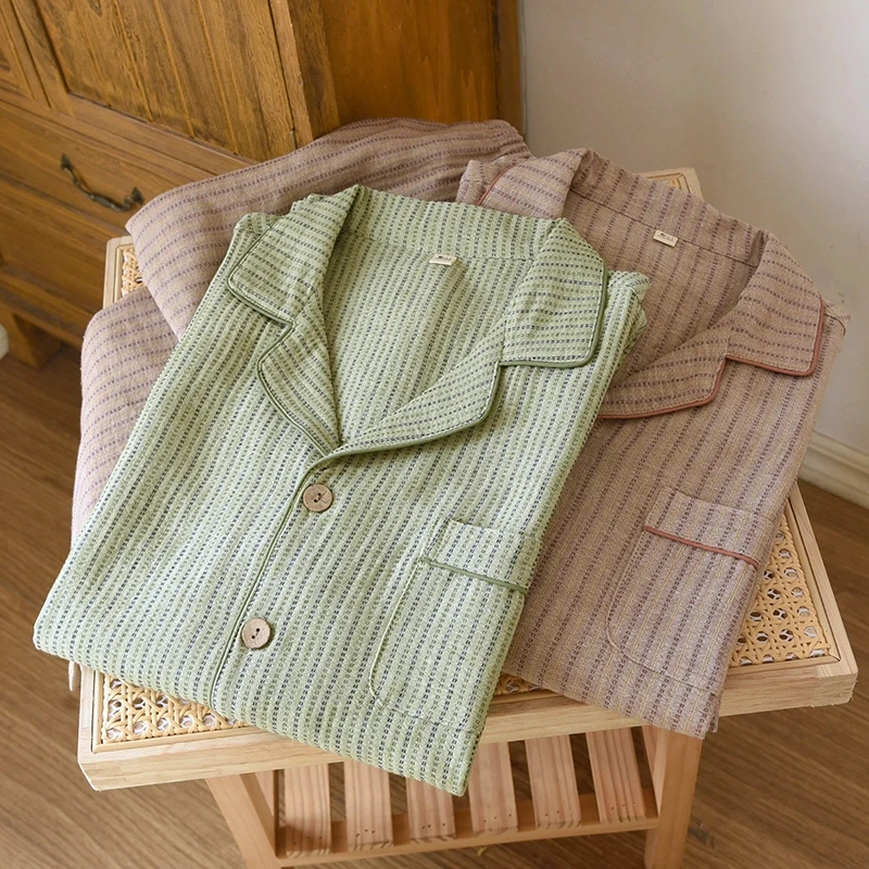 【情侣款女士】纯棉双层纱简约条纹宽松家居服长袖长裤套装春夏宽松