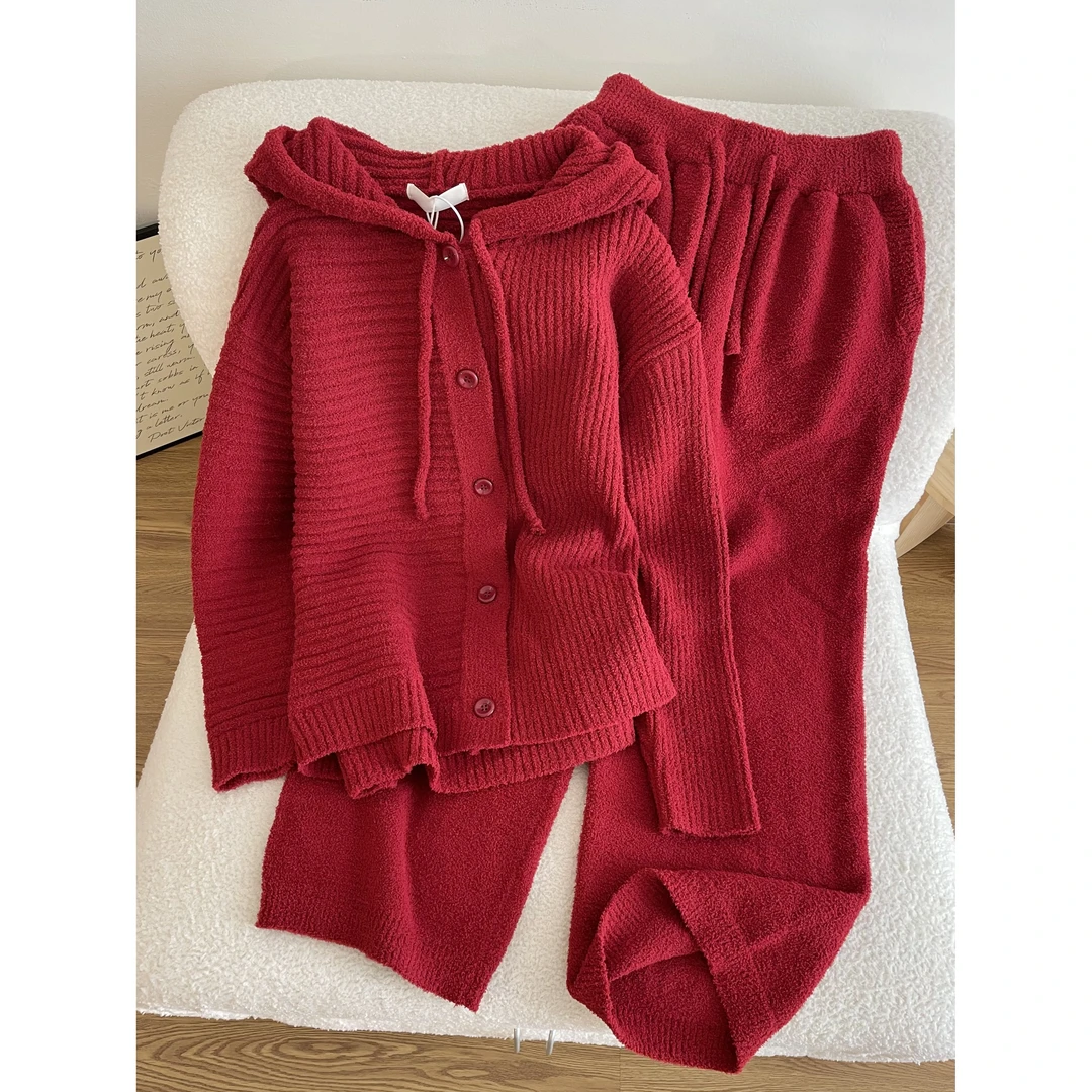 韩系简约新年红少女半边绒睡衣女秋冬季新款针织家居服套装可外穿