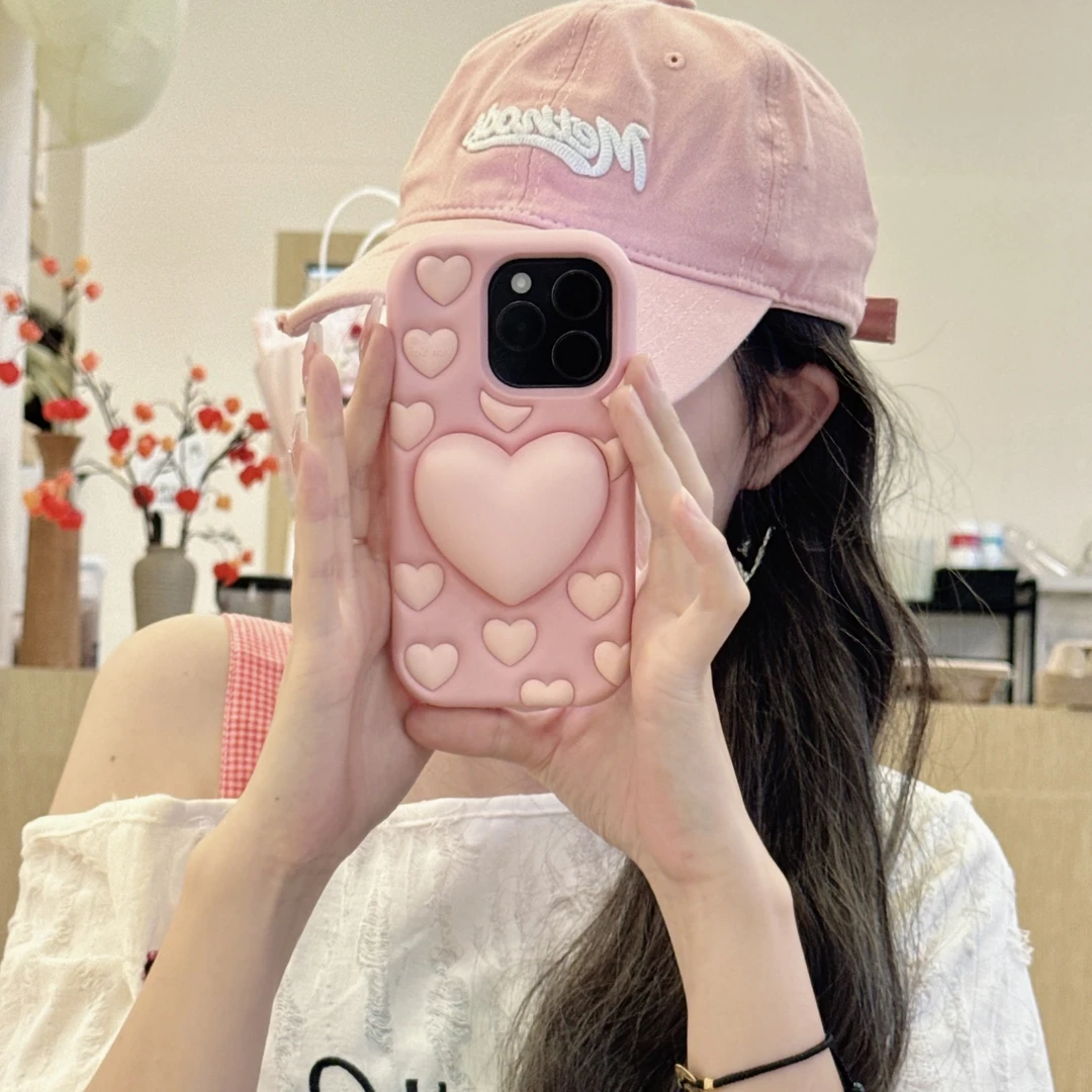 适用【苹果】粉色立体膨胀按压爱心iPhone16手机壳防摔15卡通14硅胶