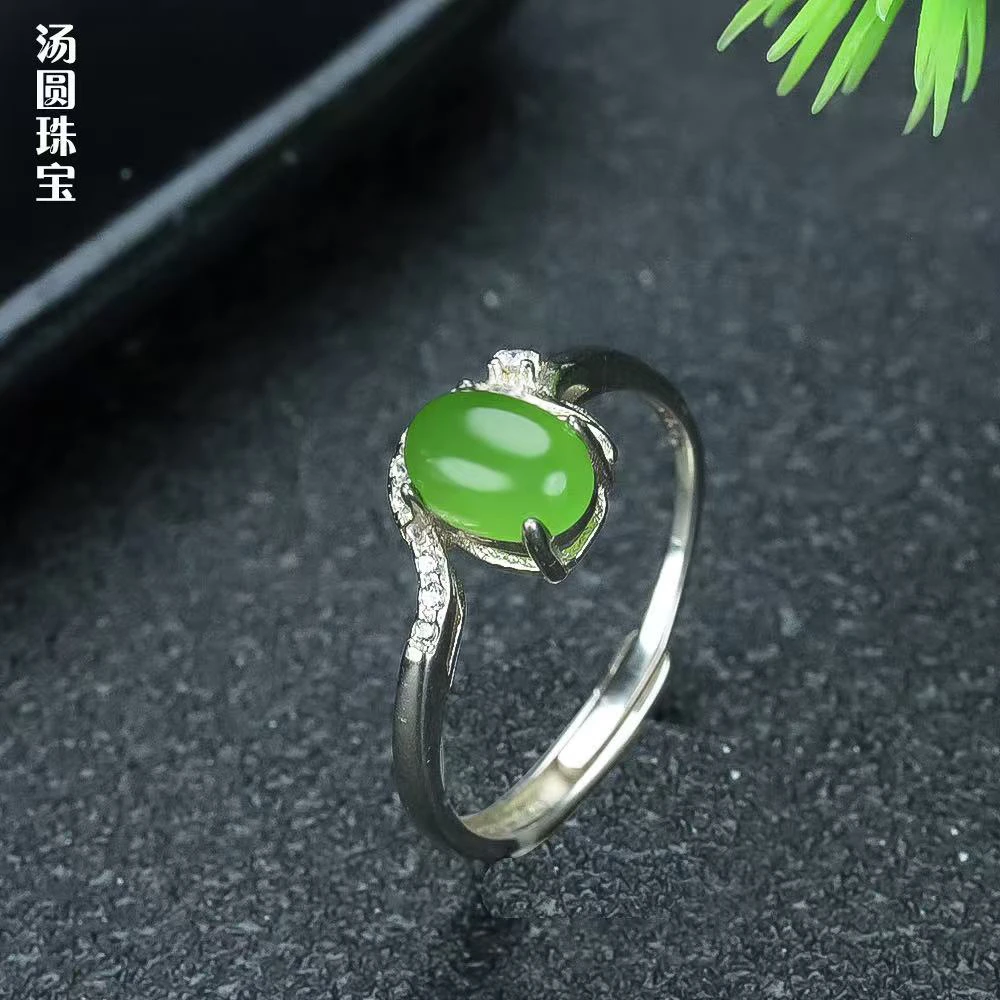 天然和田玉碧玉小精致女款s925银镶开口戒可调节