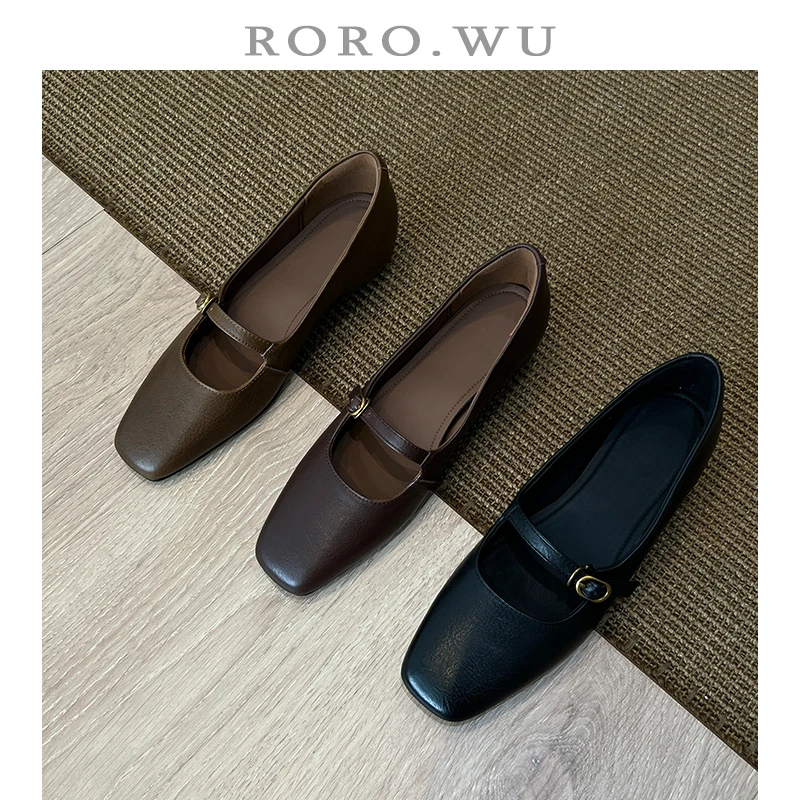 娆娆吴·牛皮浅口扣带方头气质轻熟简约复古百搭日常低跟单鞋D607