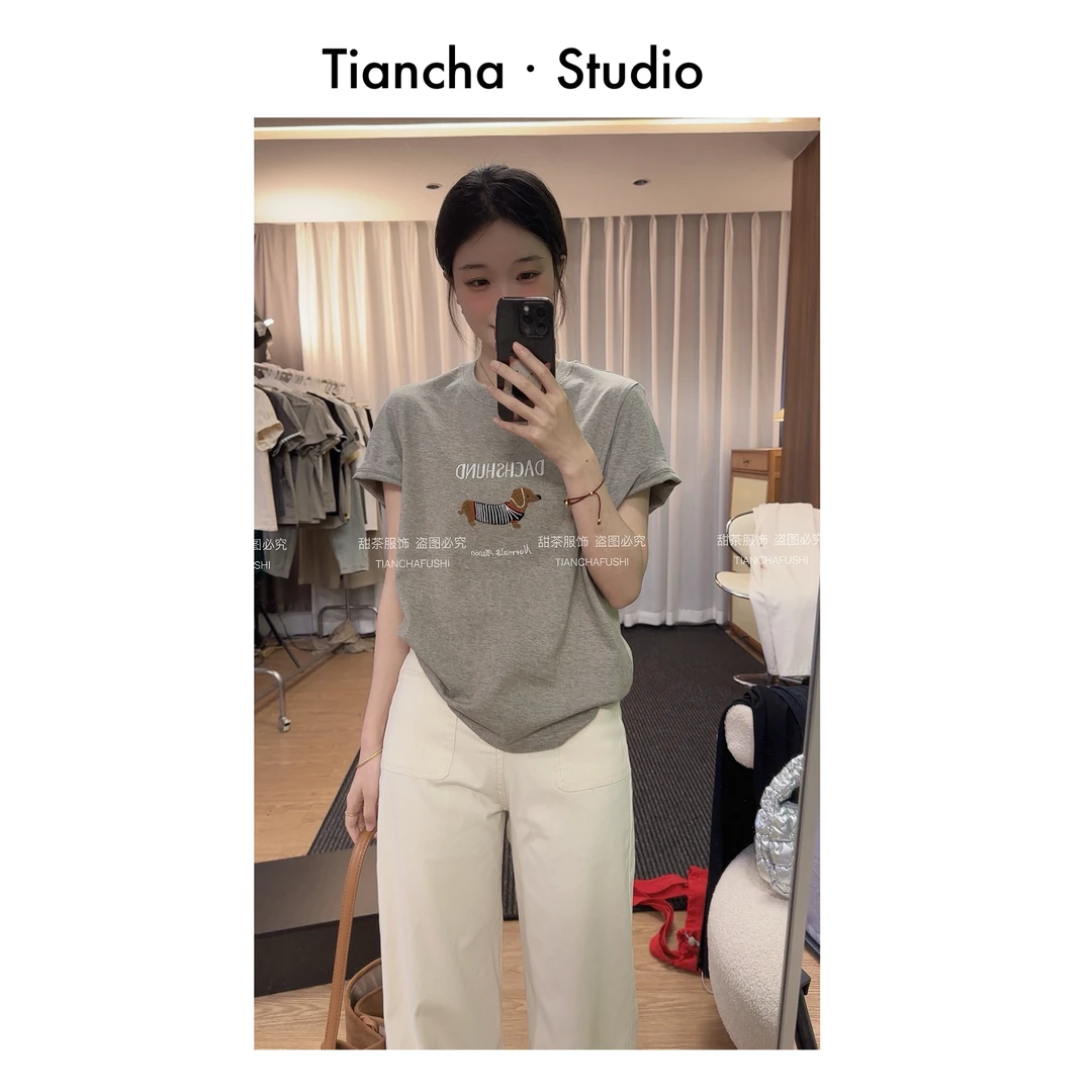 sweetc【条纹小狗】M280#2025夏季韩版风正肩短袖T恤女时尚可爱百搭