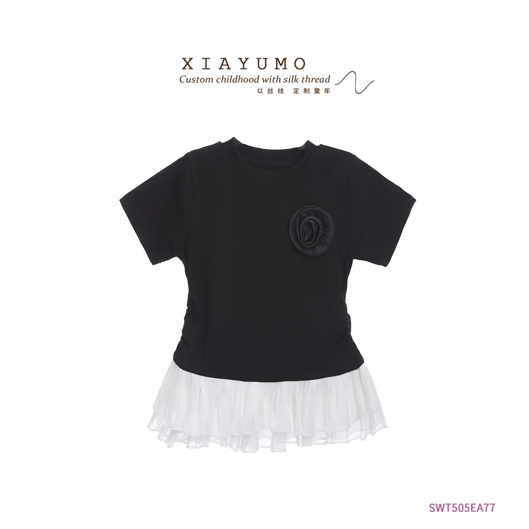 夏羽墨夏季新款黑色拼接花朵女童时尚百搭春夏圆领纯色上衣