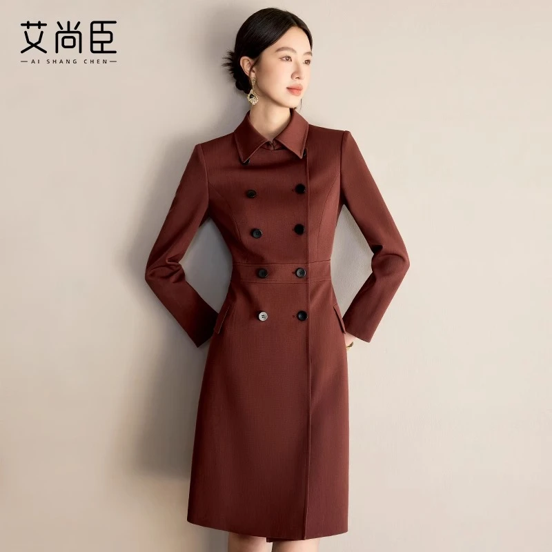 艾尚臣双排扣连衣裙女2025春季新款复古法式西装裙气质收腰修身裙