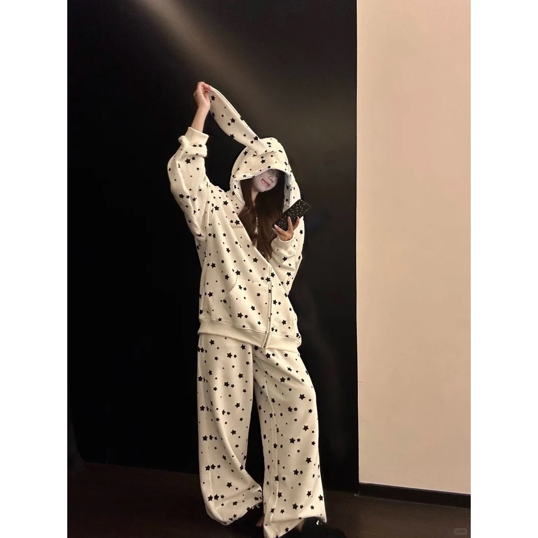 韩版星星印花兔耳朵连帽睡衣女秋季新款长袖长裤家居服可外穿套装