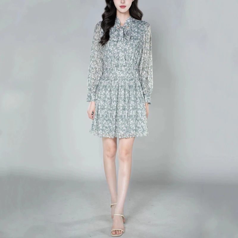 AMASHI/阿玛施25新款女装法式气质高腰方领印花连衣裙裙子550035
