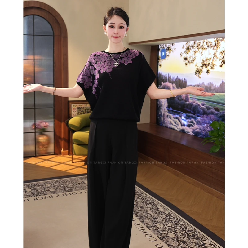 2026夏新款【7809】黑紫色短袖冰丝休闲圆领提花莱赛尔针织小衫上