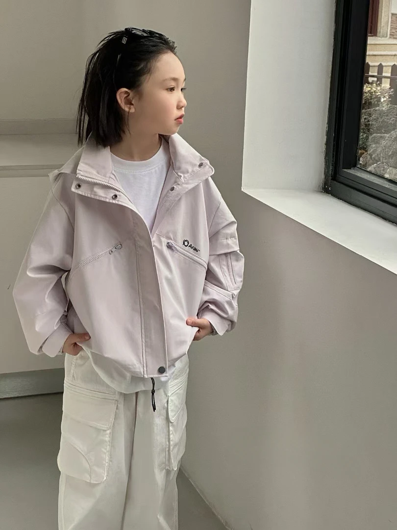 2025春装新款女童中大童冲锋衣连帽风衣外套