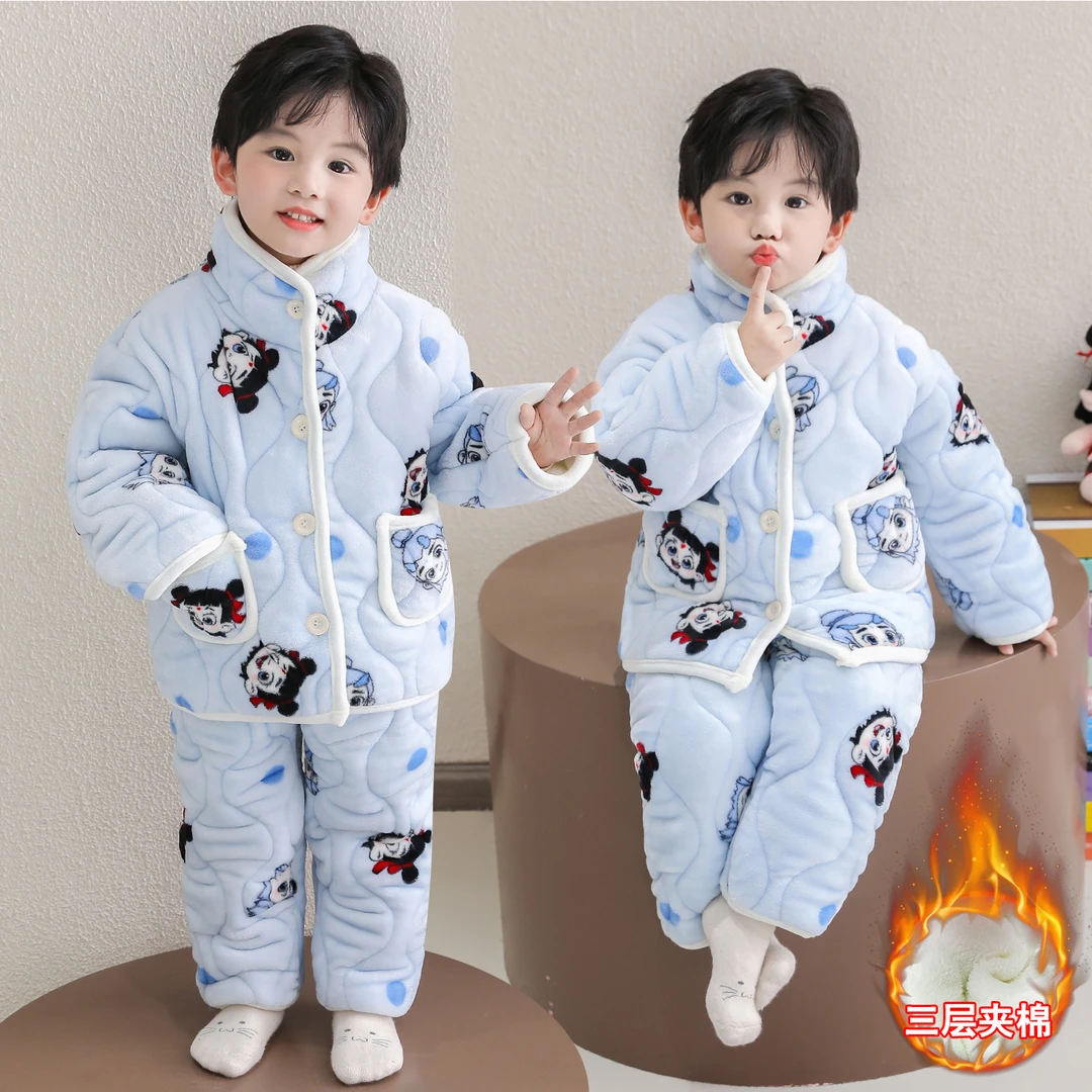 男童睡衣冬季法兰绒三层加棉保暖小男孩珊瑚绒卡通哪吒家居服套装