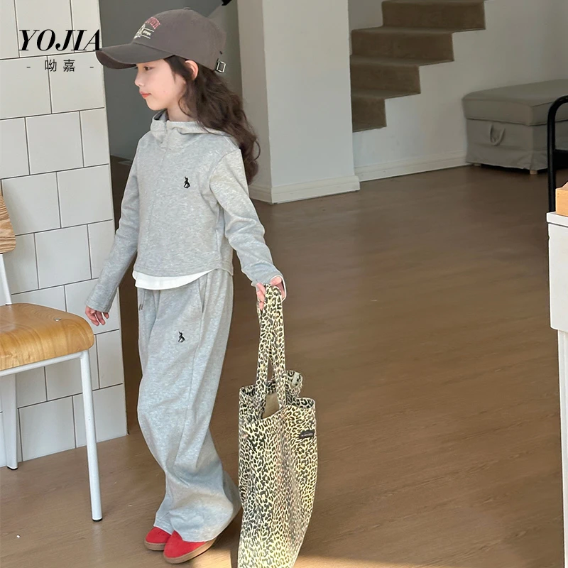 YOJIA女童卫衣套装春款2025新款韩版假两件儿童装连帽两件套春装