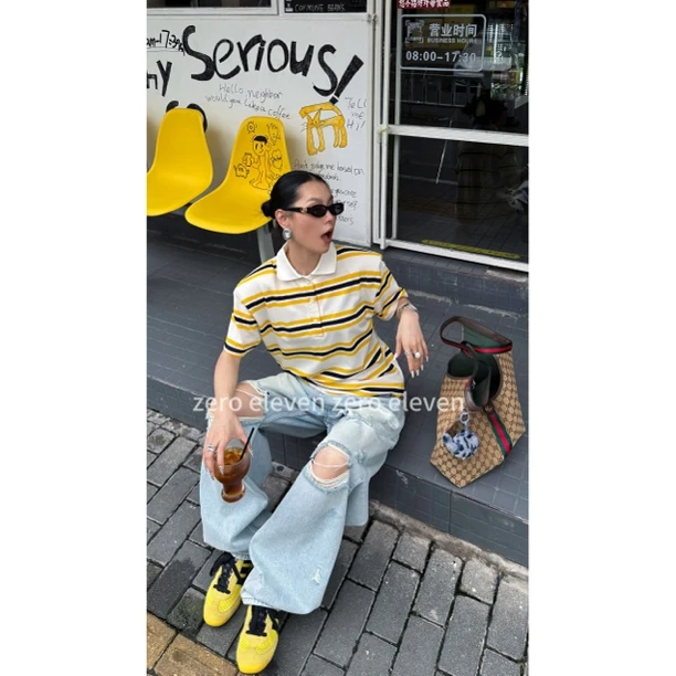 zero eleven定制复古ins时尚百搭宽松条纹POLO垫肩T恤夏季ZHL5309