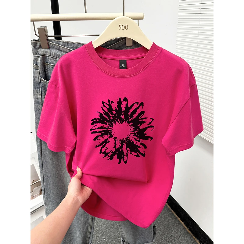 纯棉火龙果色设计感洋气短袖t恤女装圆领韩版宽松休闲百搭上衣服