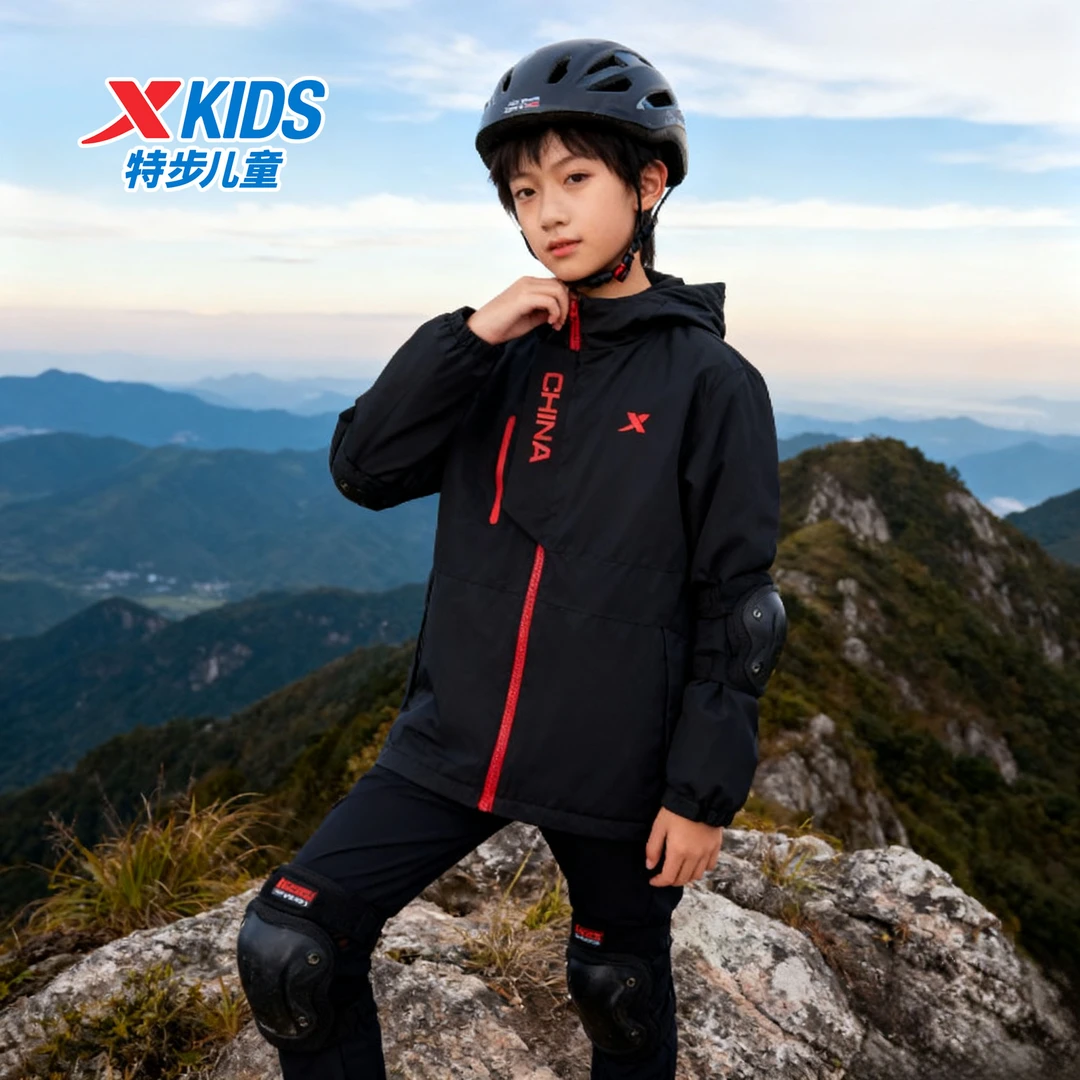 特步儿童中大童秋季保暖连帽休闲丝光绒防风男童风衣675325339018