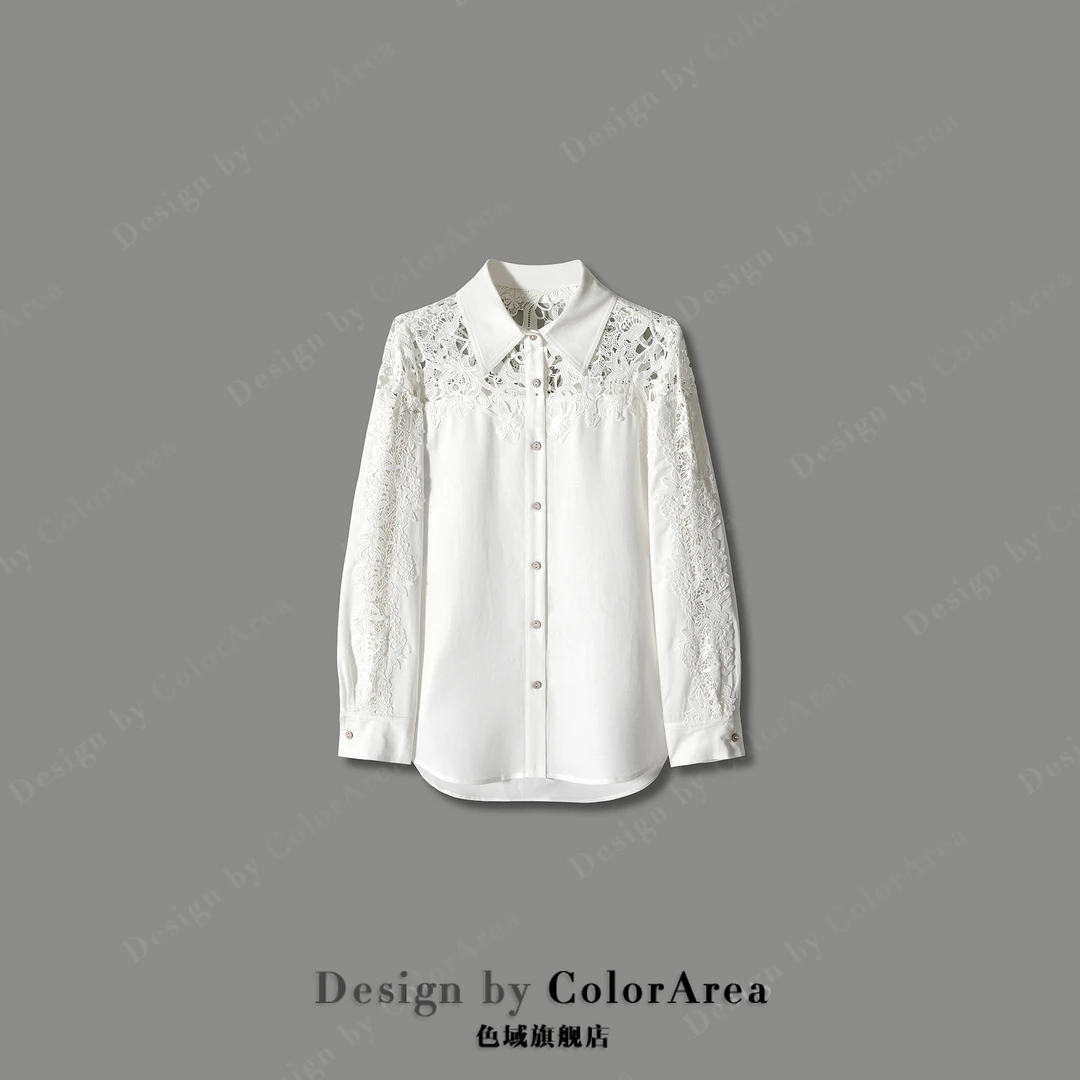 ColorArea/色域春季新款重工钩花蕾丝拼接宽松显瘦时尚棉麻白衬衣