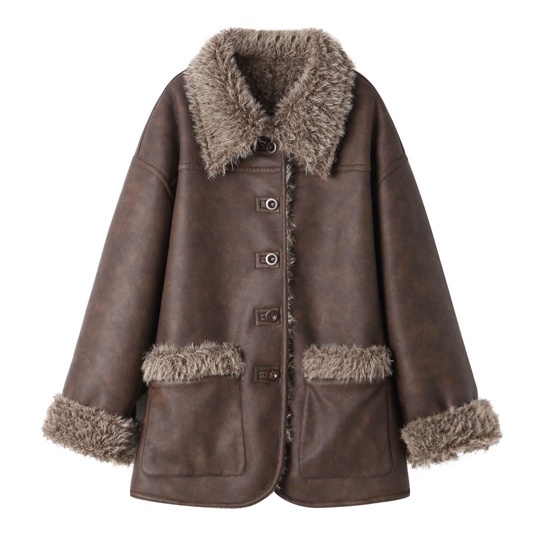 REREK 设计师品牌24秋冬新品翻领外套时尚复古加厚皮毛一体保暖女