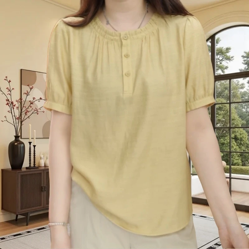 夏季新款时尚休闲百褶领纯色上衣气质减龄大气宽松显瘦短袖衬衫