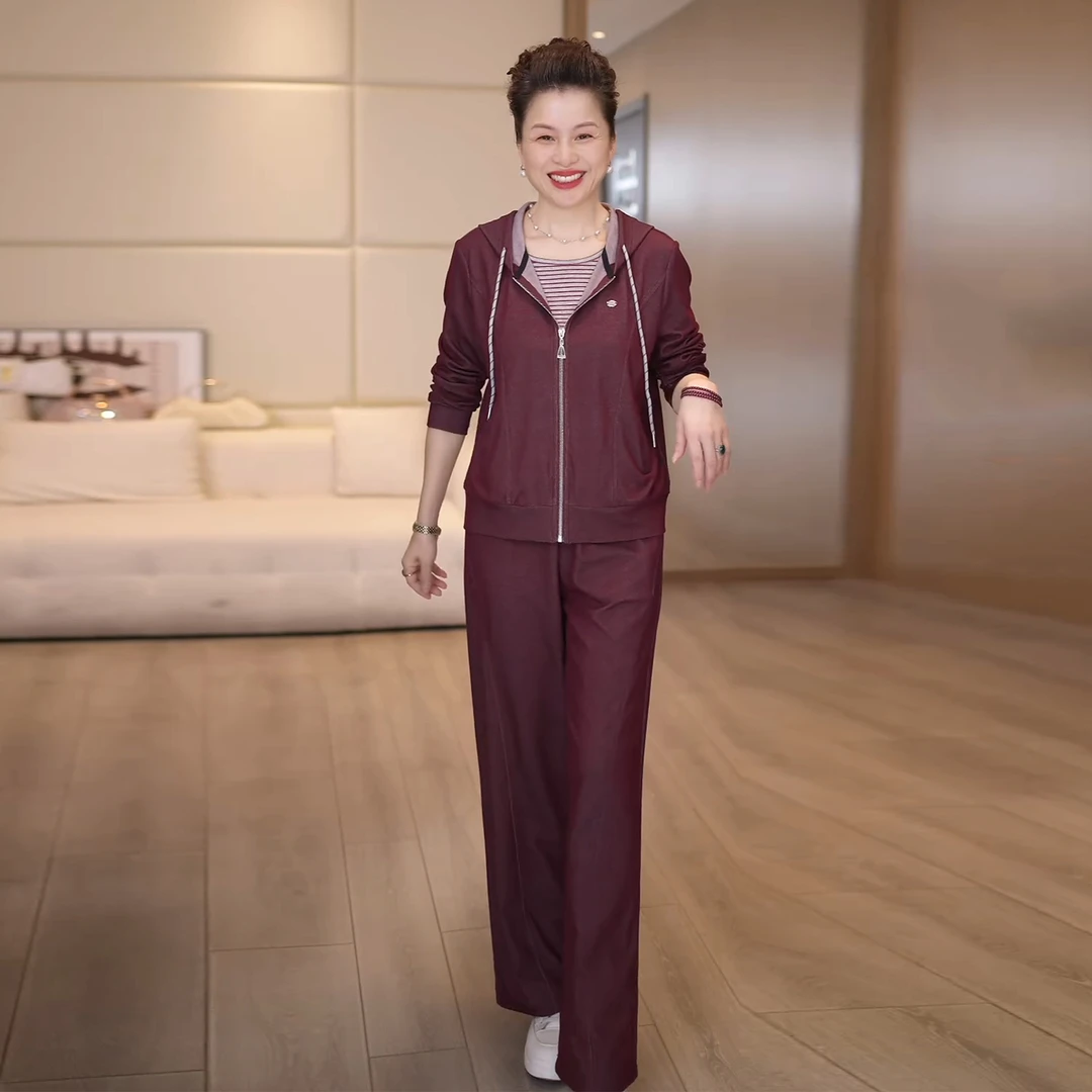 洋气妈妈装休闲连帽外套阔腿裤2025秋季新款中老年女装时尚套装