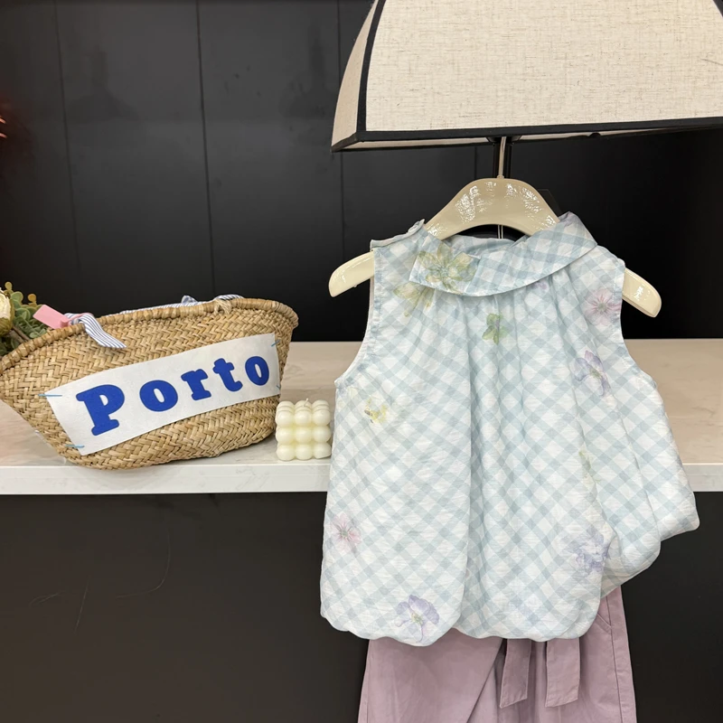 【现货】leomama童装女童娃娃衫上衣夏装洋气格子无袖衬衫儿童外穿