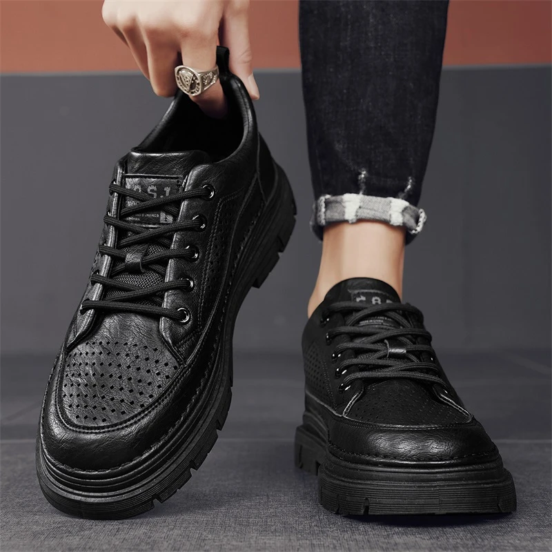 【促销】男鞋春季透气板鞋镂空男士商务休闲皮鞋黑色低帮工装马丁鞋