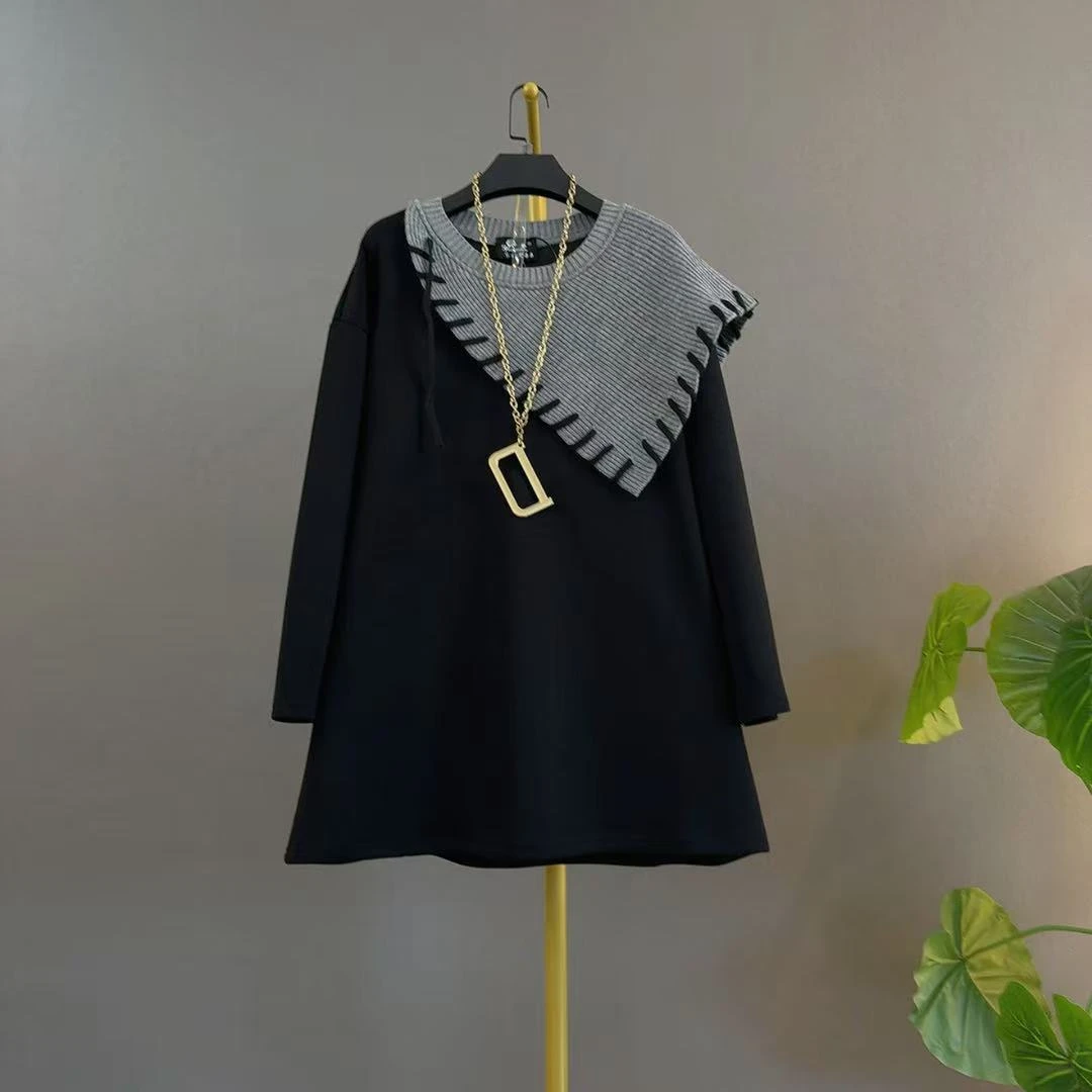 休闲风时尚新款设计感圆领毛织披肩宽松中长款长袖百搭大码上衣